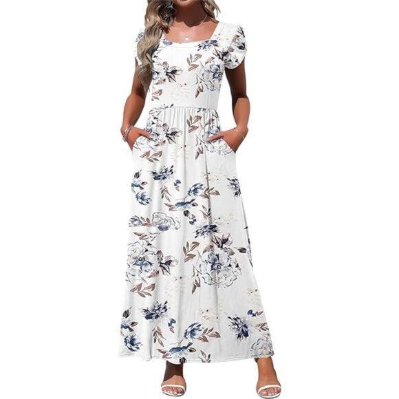 Women's Square Neck Maxi Dresses Petal Short Sleeve Casual Long Dress Pokets - Picture 6 of 6
